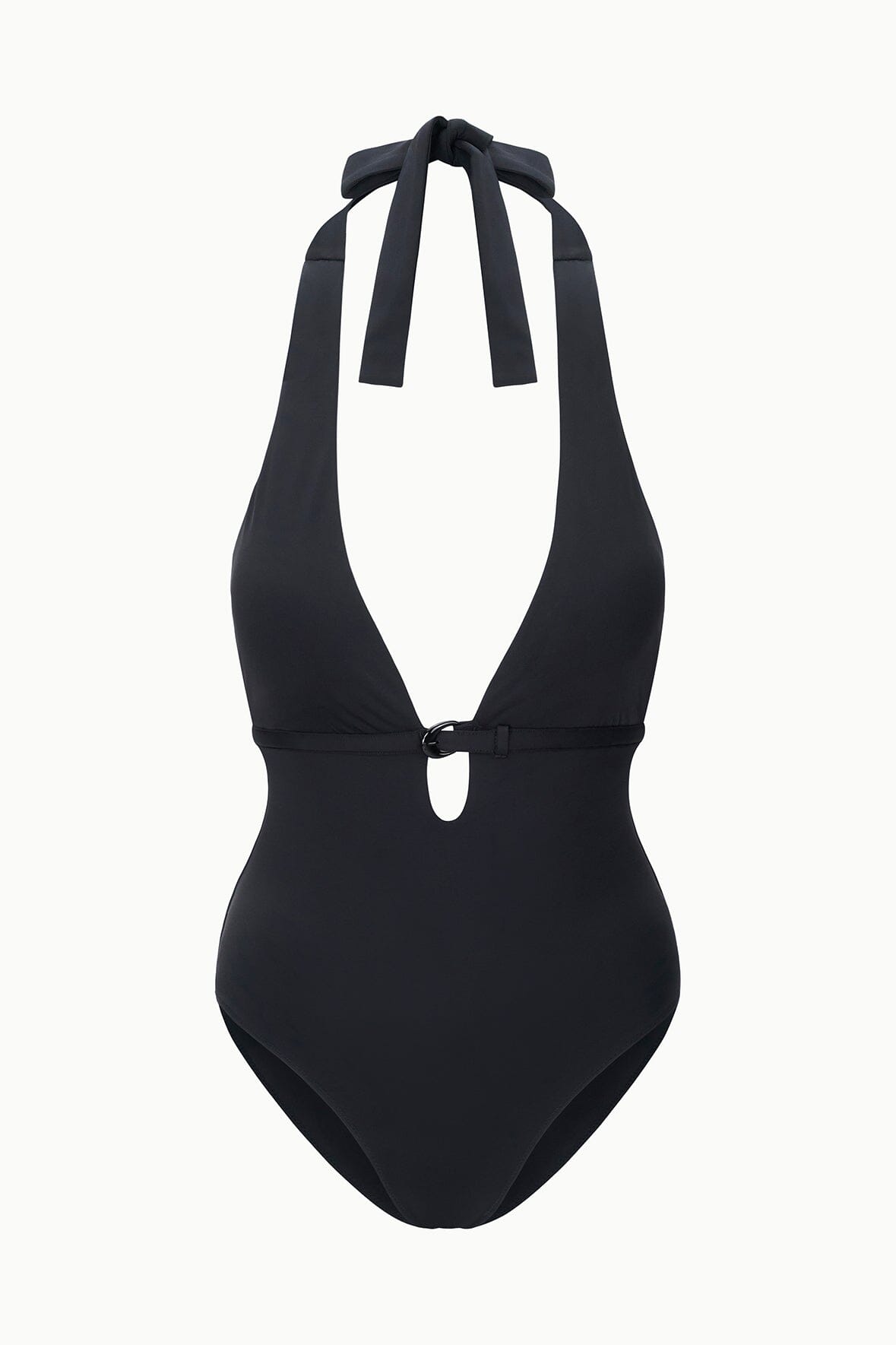 Black one-piece swimsuit with halter neck tie and front keyhole ring