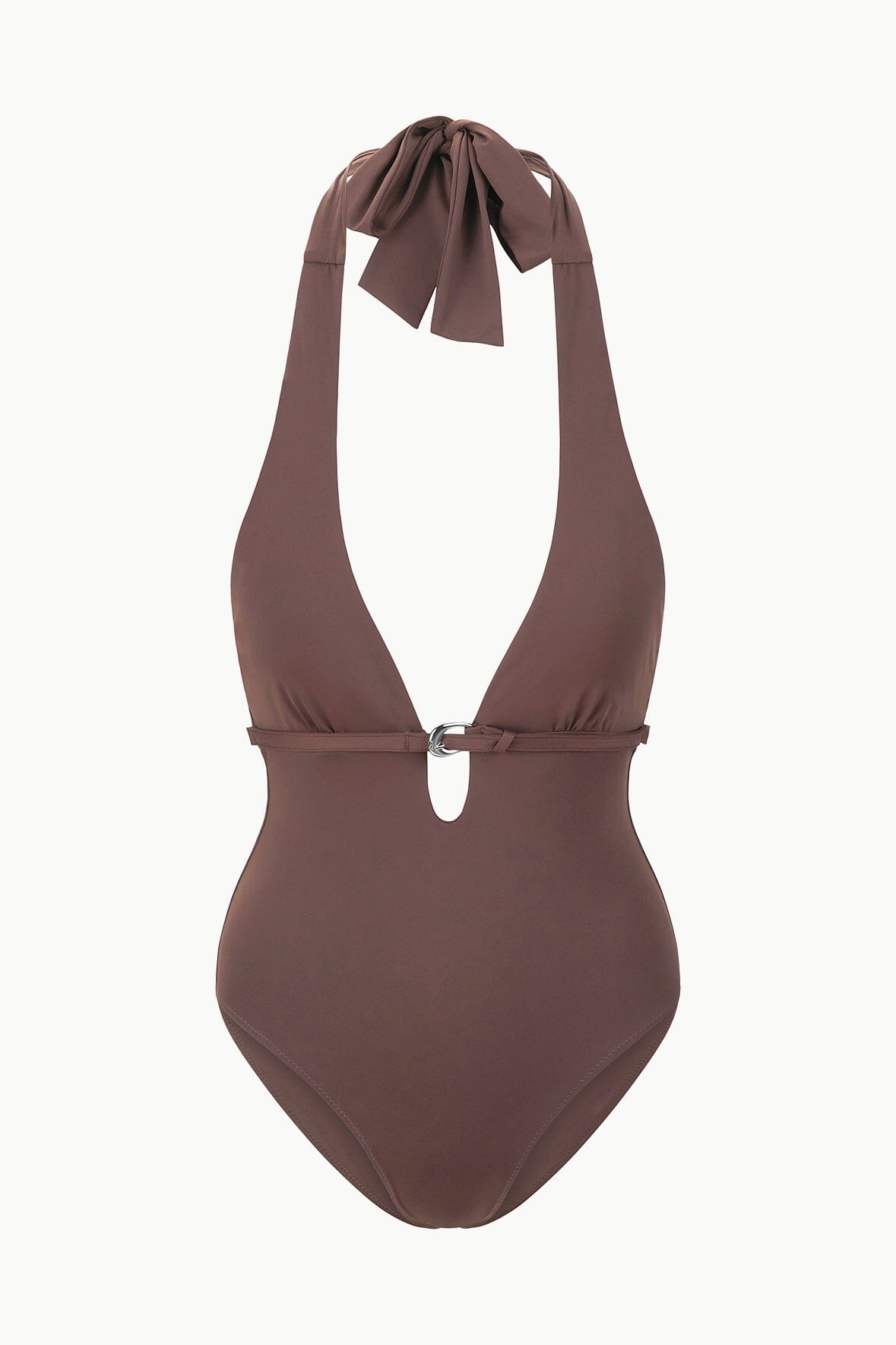 Dark chocolate halter one-piece swimsuit with tied neckline and front ring detail
