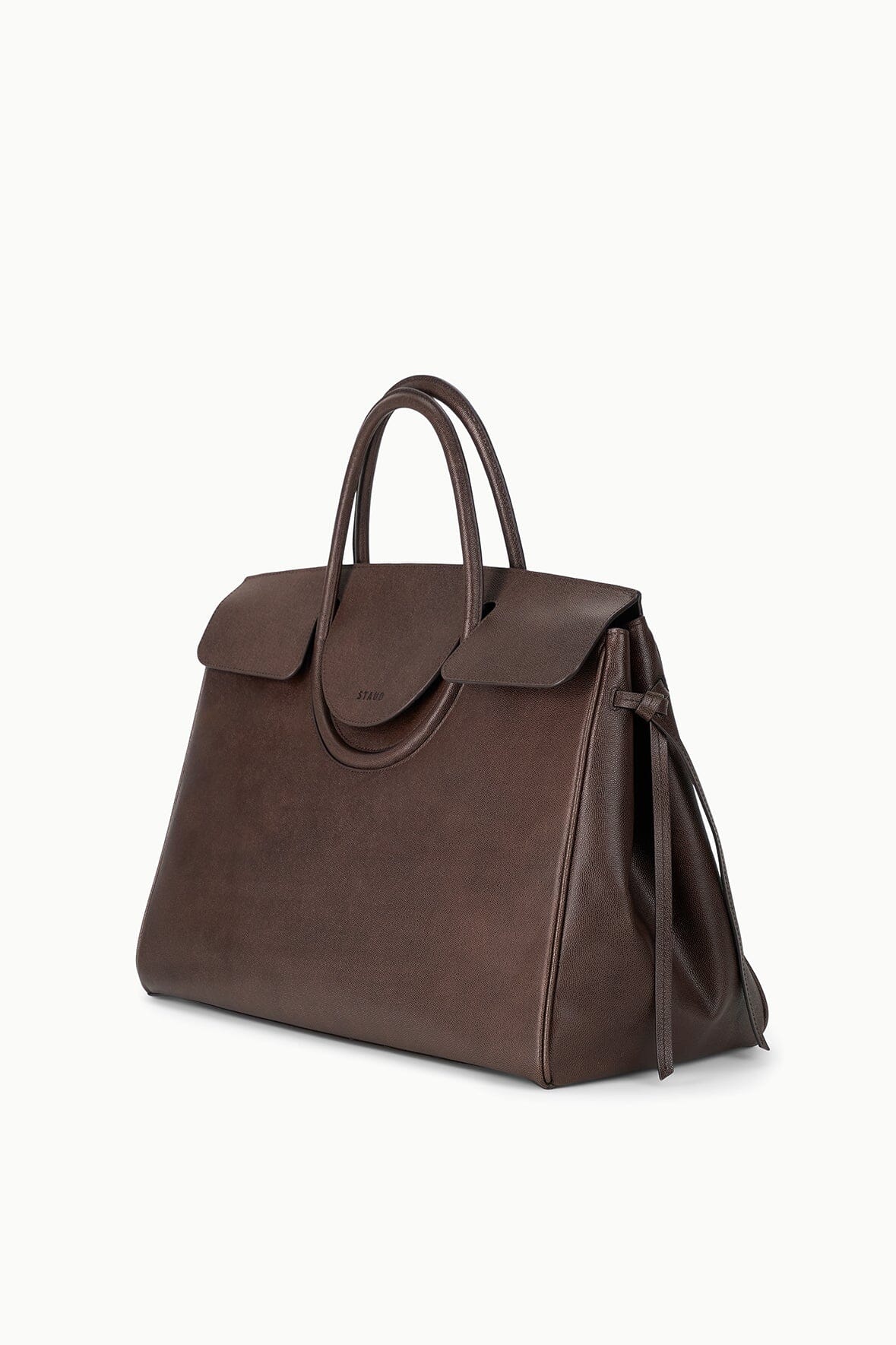 Large Maude carryall bag in espresso brown, side profile with tie detail and rounded flap