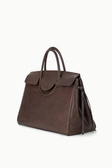 Large Maude carryall bag in espresso brown, side profile with tie detail and rounded flap