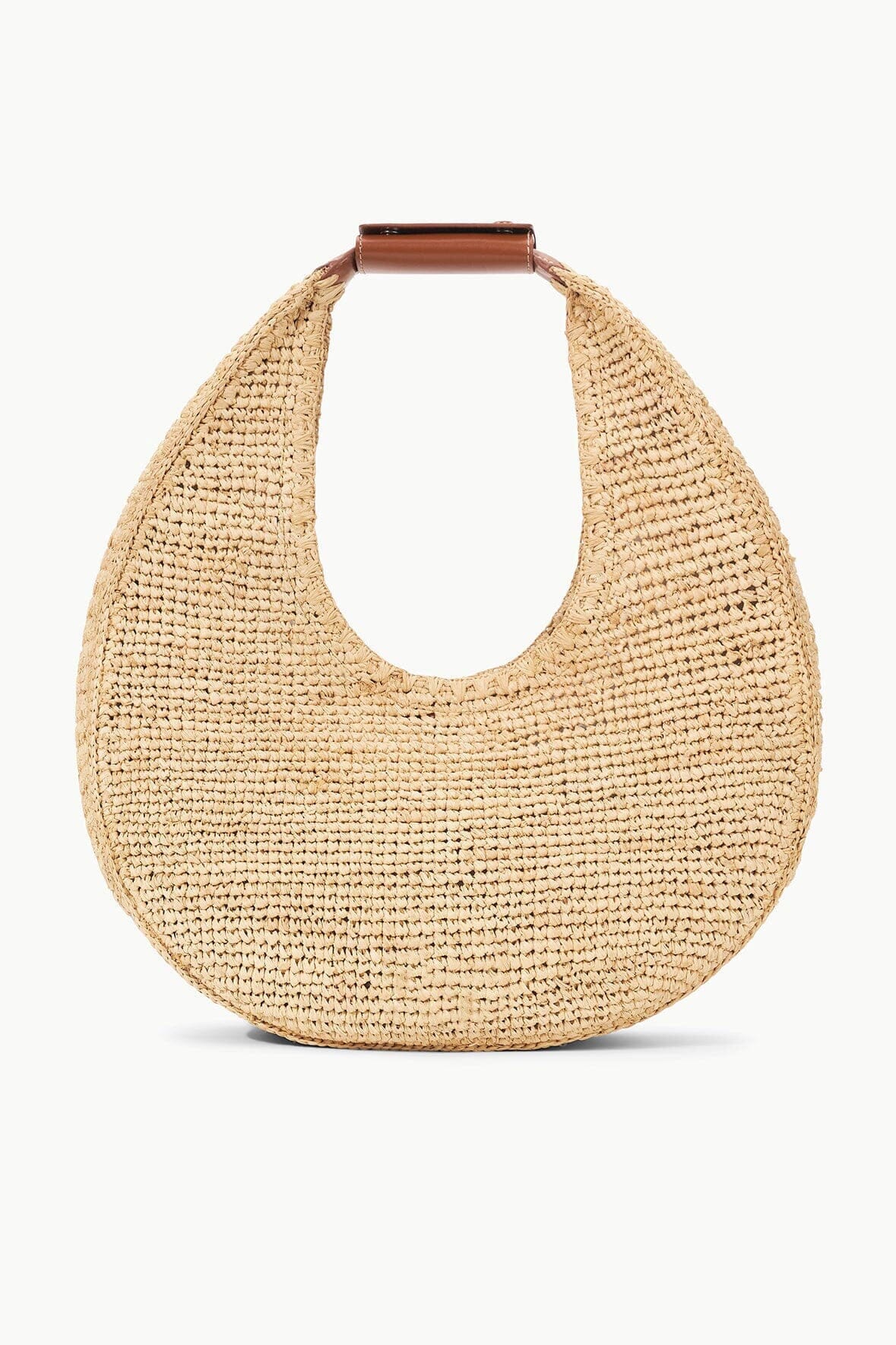 Tan raffia moon tote bag with brown leather-look handle and U-shaped opening