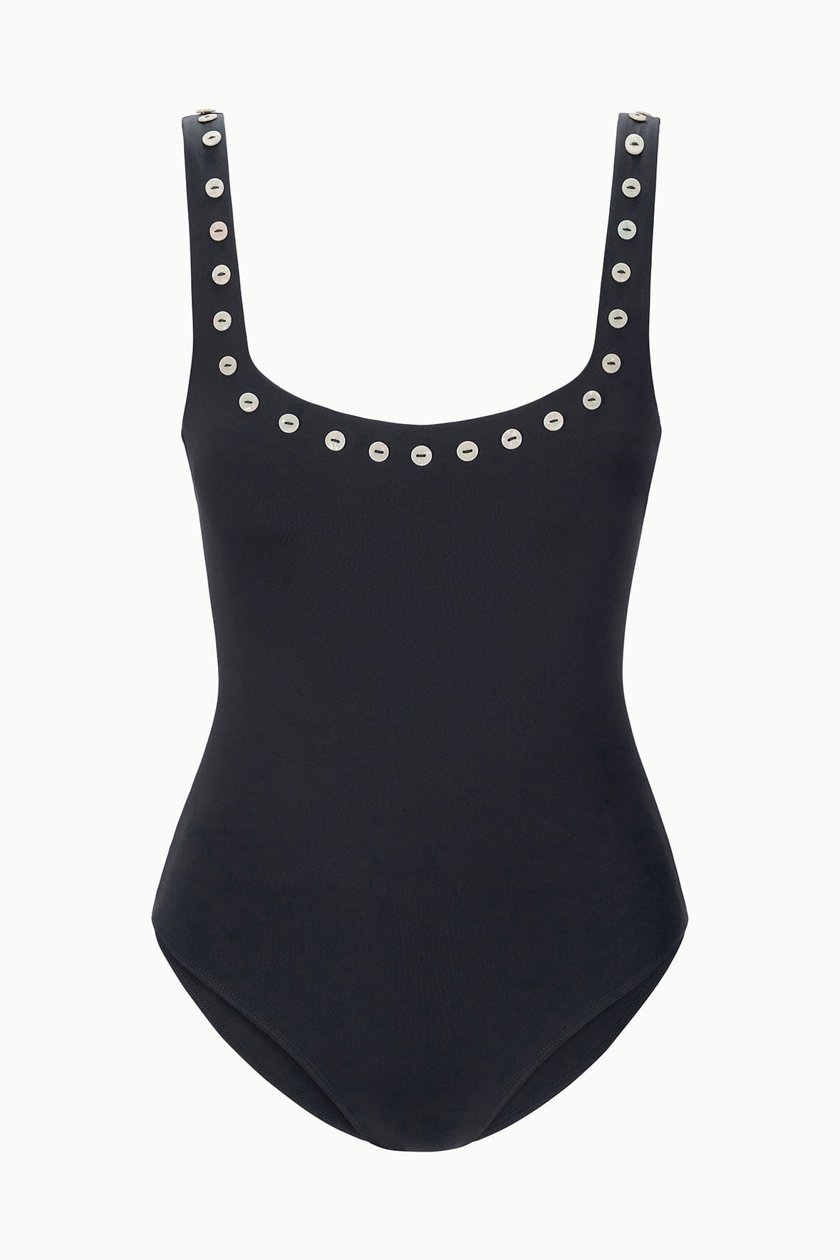 Black one-piece swimsuit flat lay with scoop neck and silver eyelet trim straps