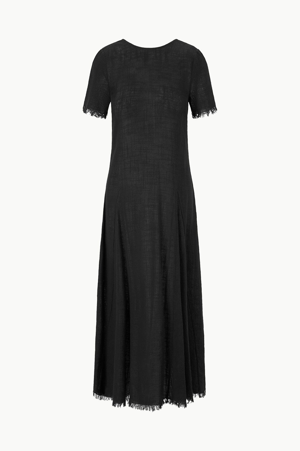 Black coverup dress flat lay, crew neck, short fringe sleeves, fringed hem