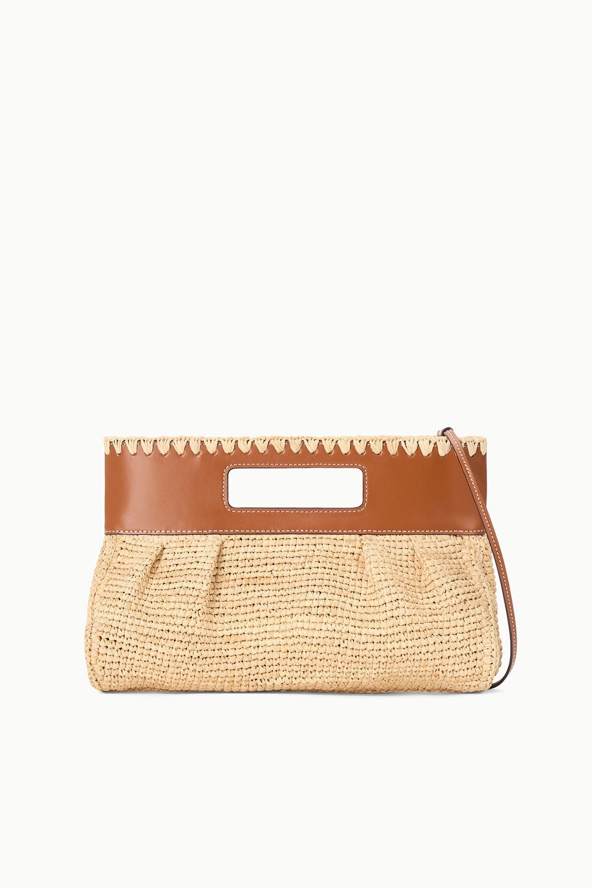 Natural tan woven straw clutch with brown leather flap and top handle.