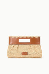 Natural tan straw clutch with brown leather top band and rectangular snap window.