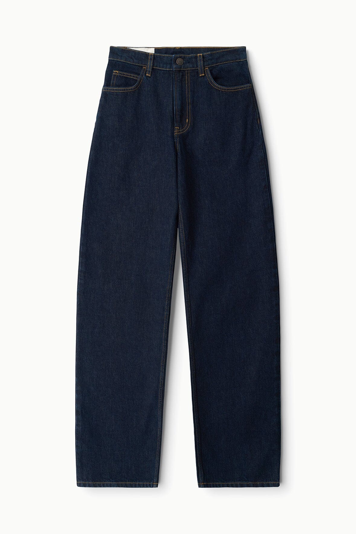 Indigo high-rise jeans with straight leg, button fly and belt loops