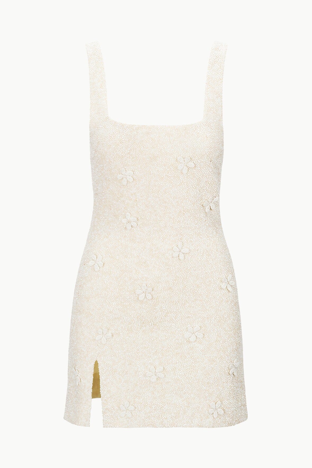 LE SABLE ivory sleeveless shift dress with square neckline, floral texture, side slit