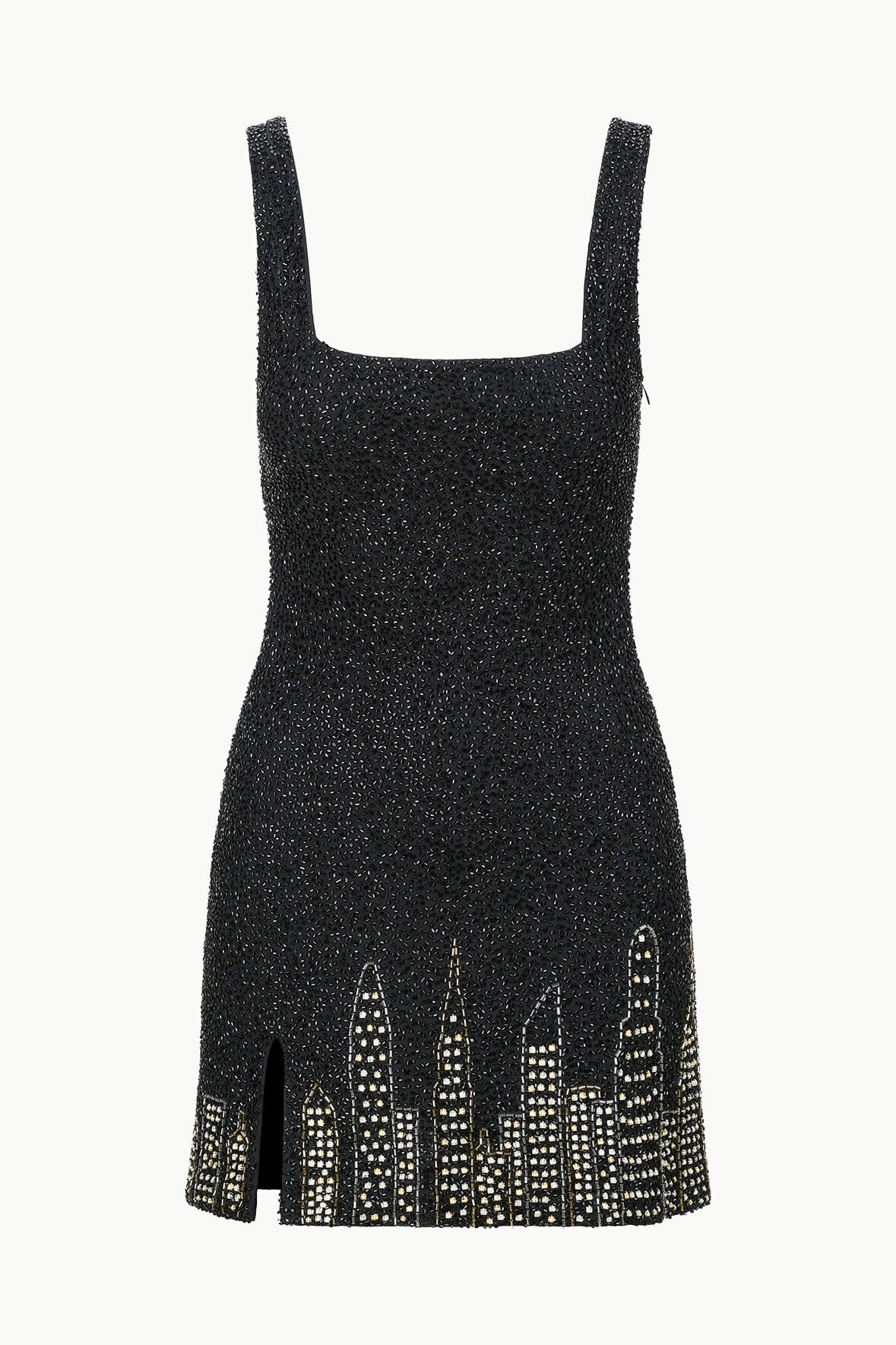 Sleeveless black sequin mini dress, square neckline and skyline hem on front