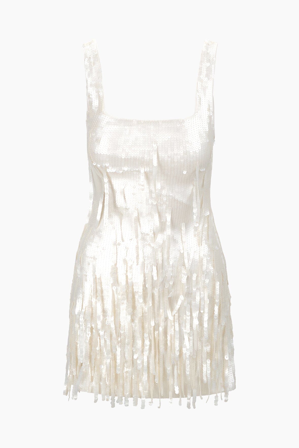 Pearl sequin fringe mini dress, sleeveless square neckline, tasseled hem