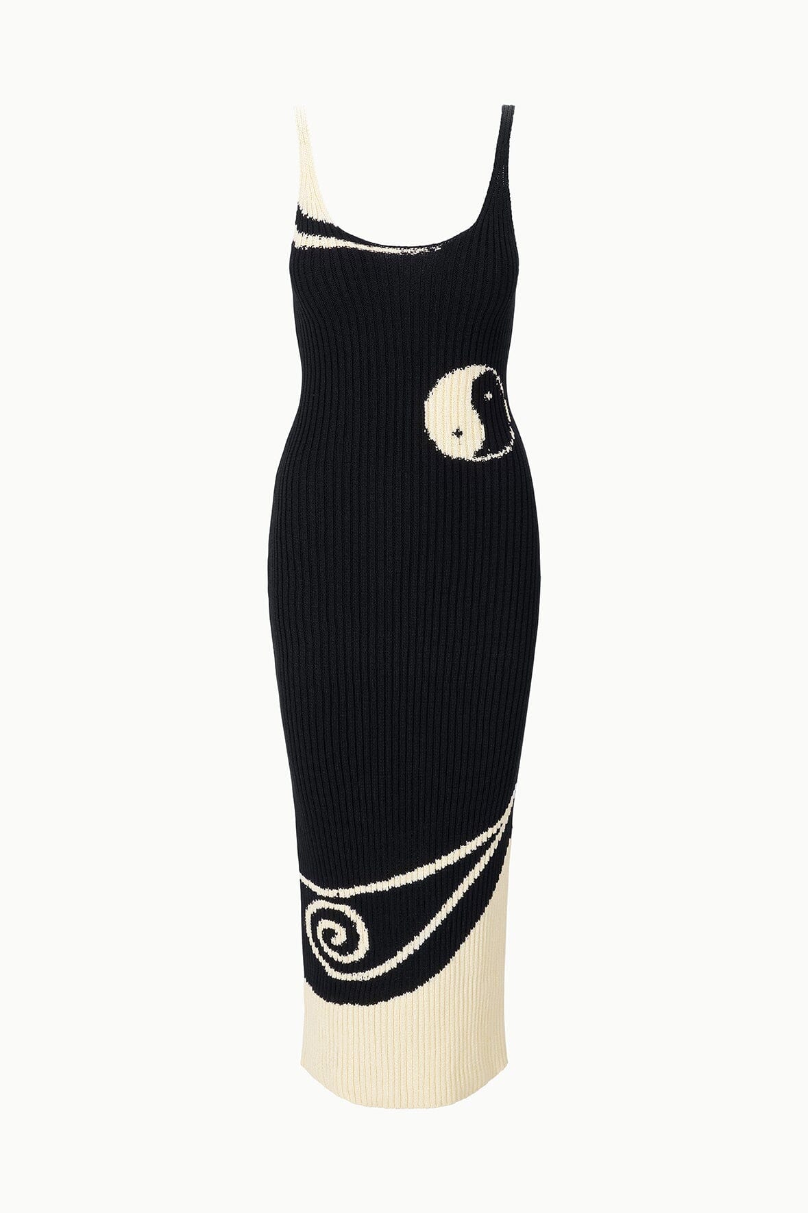 Ribbed black midi dress with spaghetti straps and ivory yin-yang print on lower hem