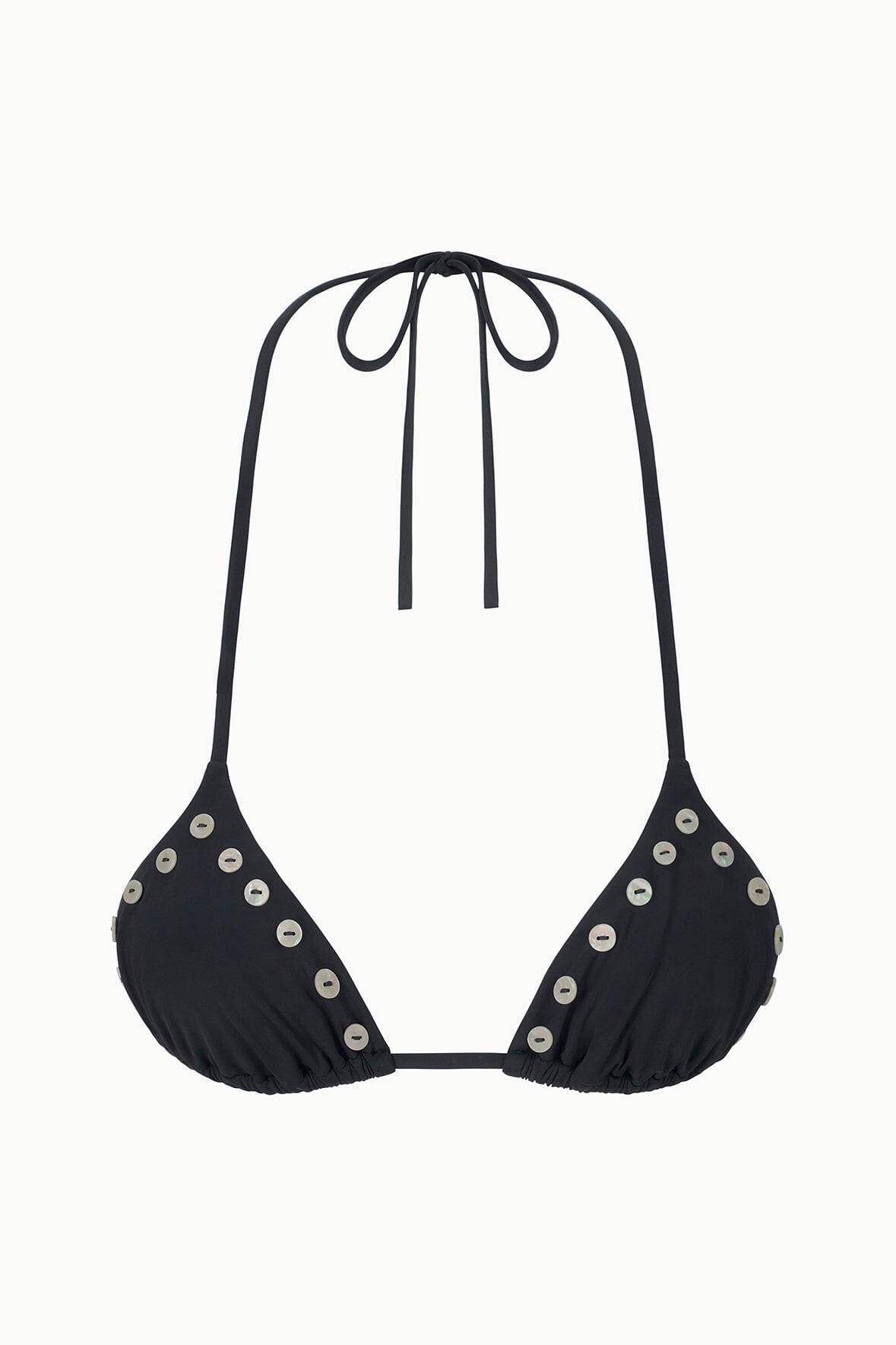 Black triangle bikini top with drawstring neck and side ties, silver eyelet accents