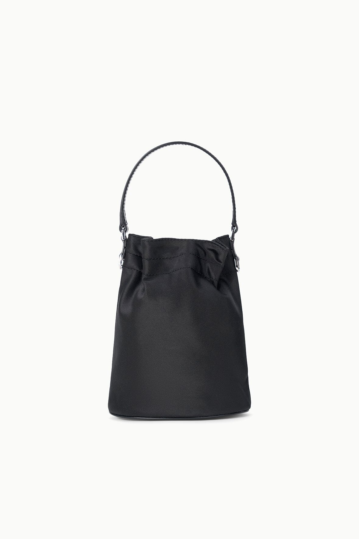 Black mini bucket bag with top handles and gathered front, silver-tone buckle detail