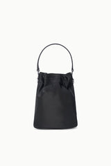 Black mini bucket bag with top handles and gathered front, silver-tone buckle detail