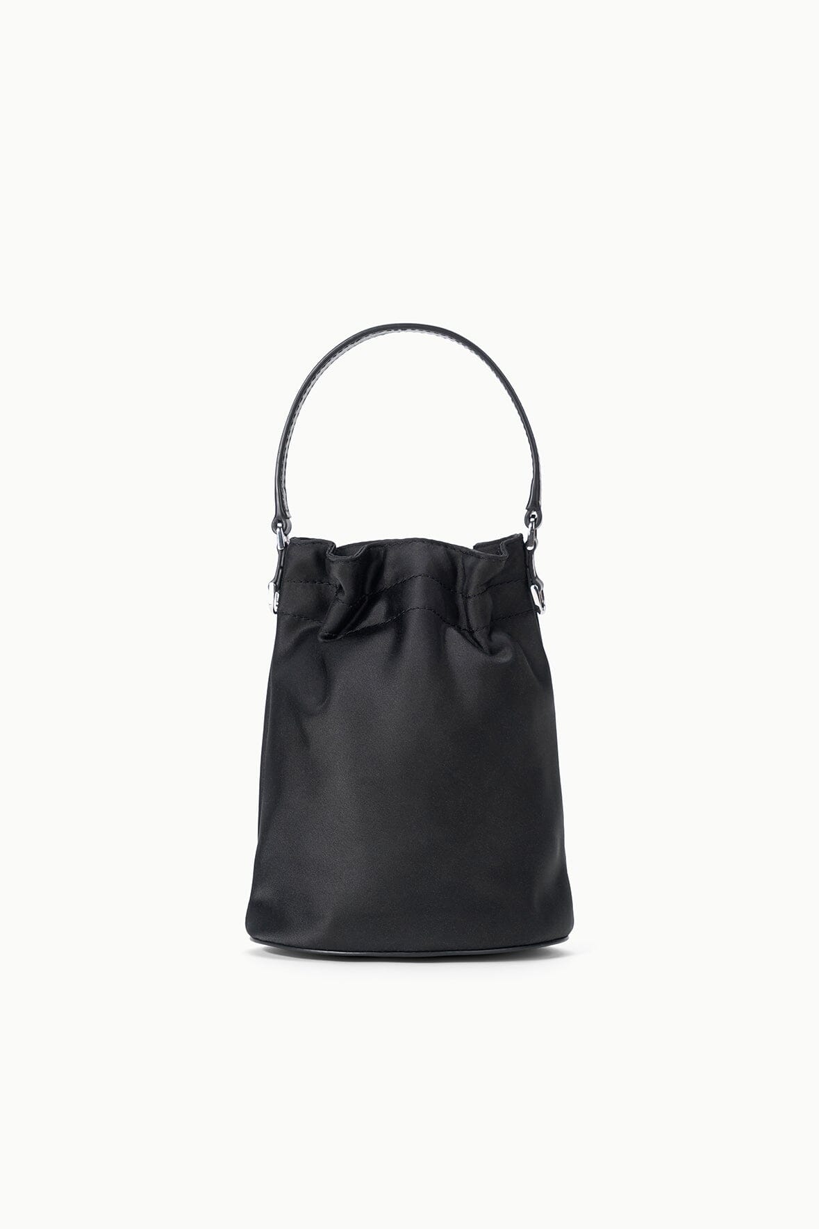 Black mini bucket bag with cinched opening and top handles, minimalist silver-tone hardware