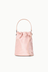 Blush mini shoulder bag with top handles and gathered front ruching