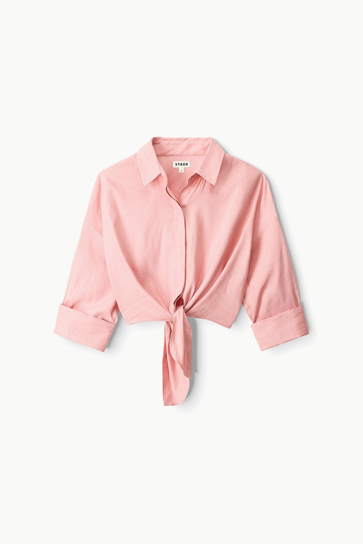 Faded blush linen button-up top flat lay with pointed collar and tied front