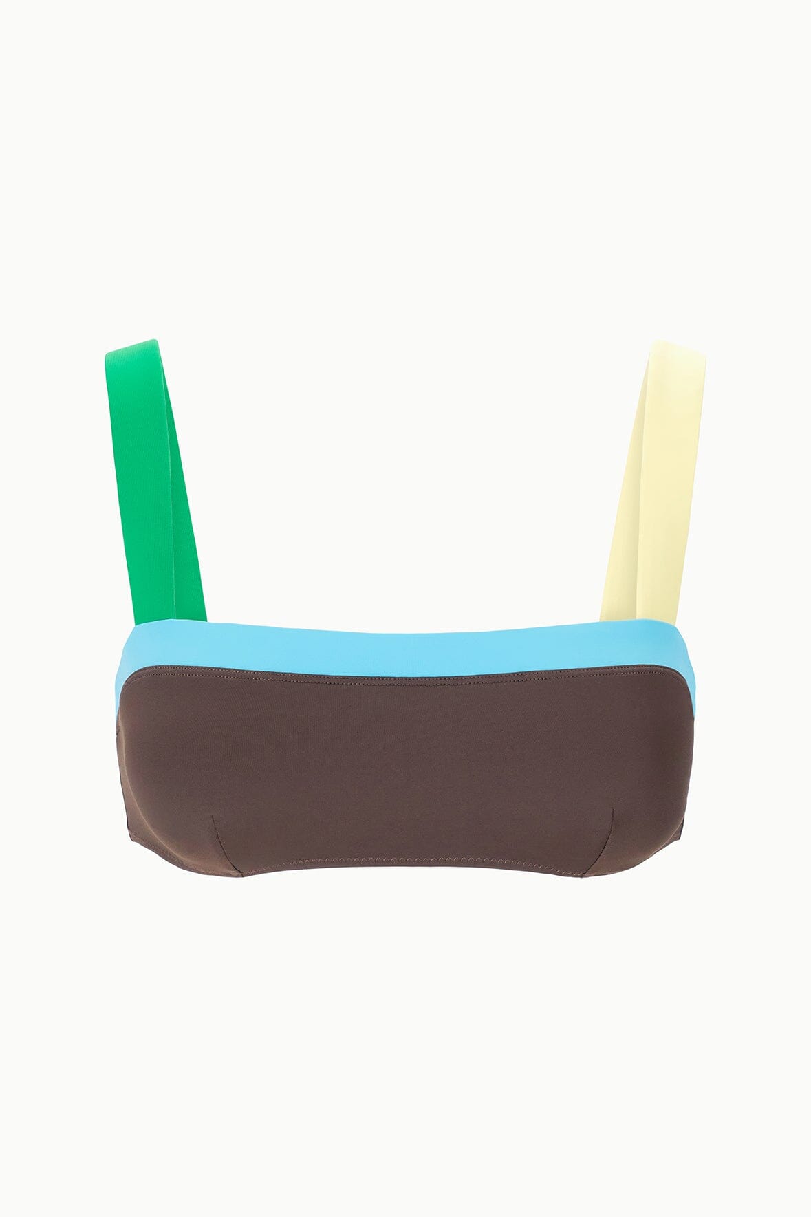Dark chocolate bikini top with two-tone wide straps, mint and pale yellow