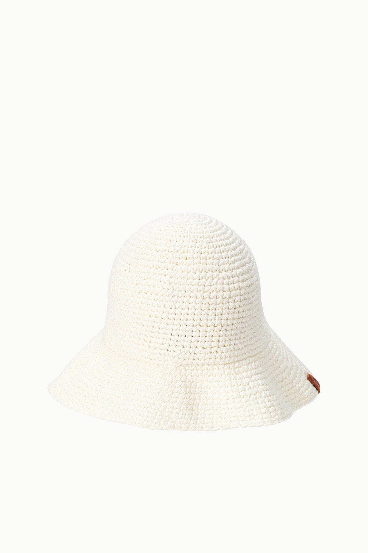 Off-white crochet bucket hat with wide brim and textured knit; standalone view.