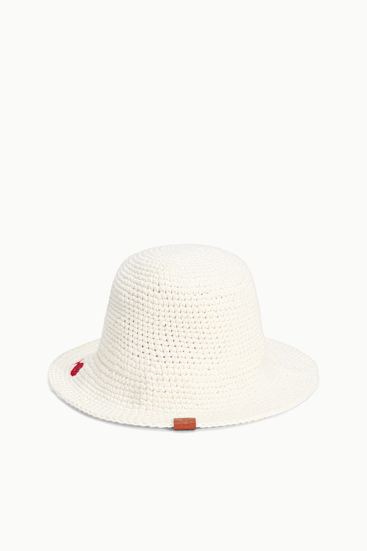 Off-white crochet bucket hat with red fish detail and brown side tag; front view.