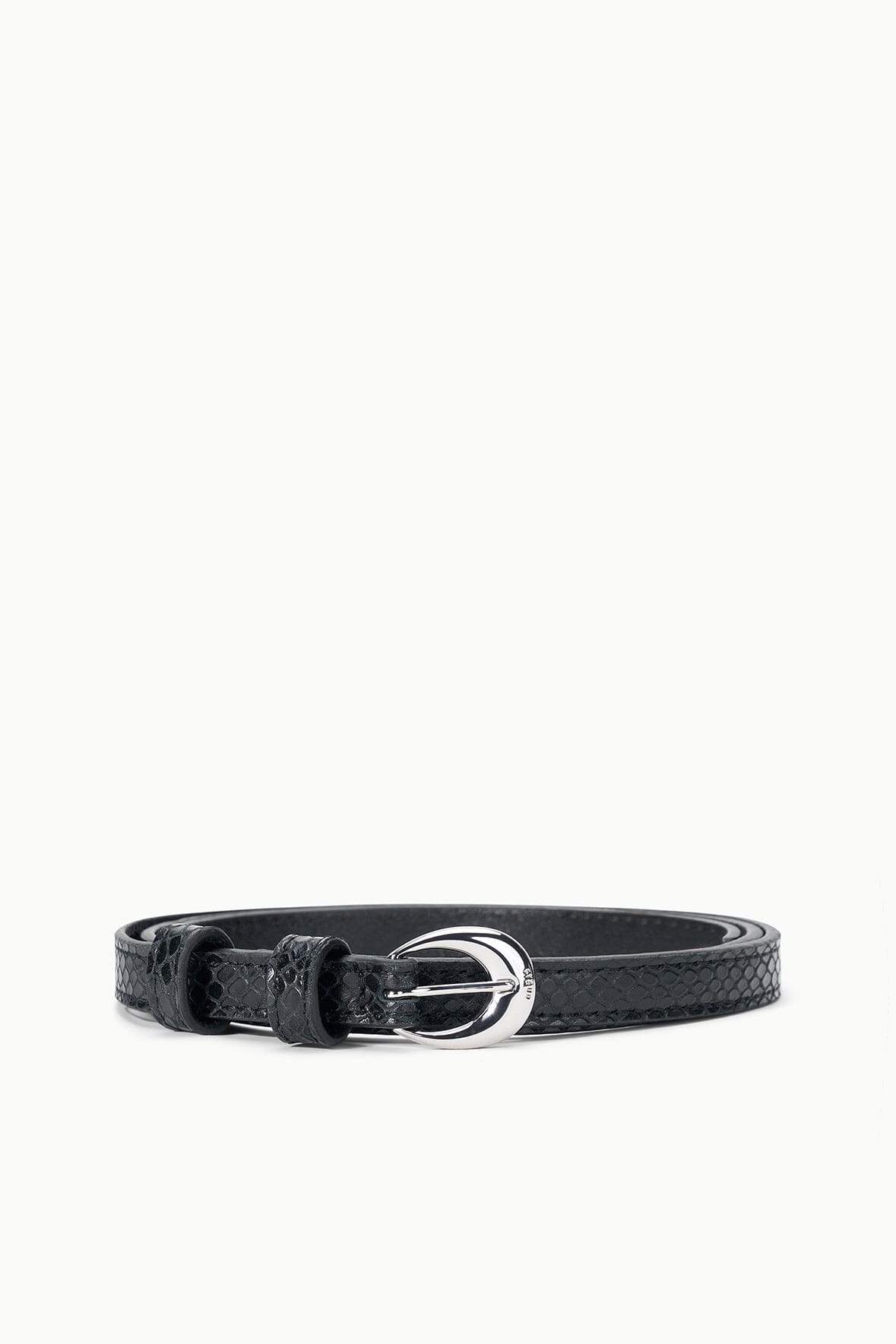 Black slim belt with textured finish and silver moon buckle