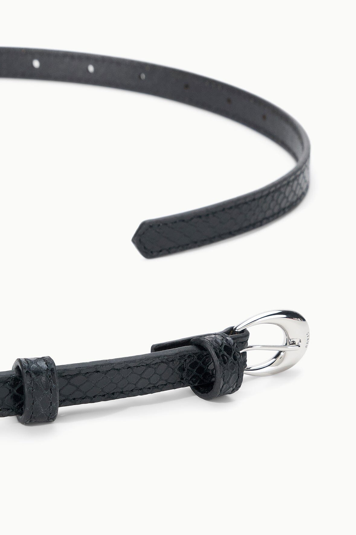 Black textured belt with silver buckle and stitched keeper