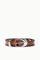 Espresso-brown leather belt with silver-tone metal keeper buckle