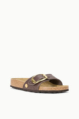 BIRKENSTOCK Madrid Big Buckle slide sandal with dark brown raffia strap and gold buckle
