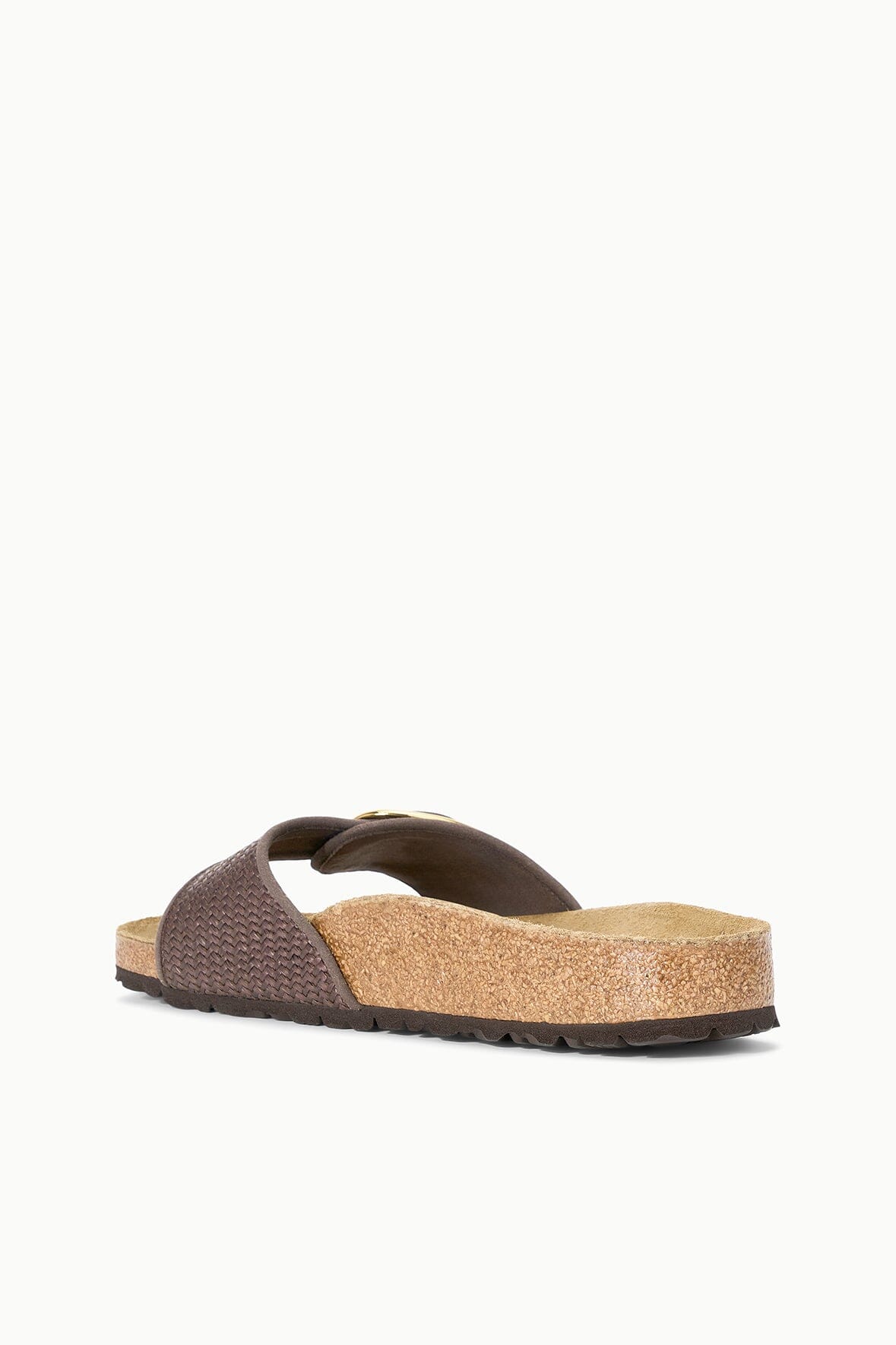 BIRKENSTOCK Madrid Big Buckle slide sandal, dark brown upper with tan footbed and buckle