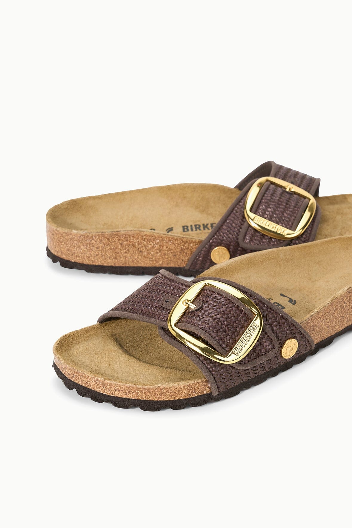 BIRKENSTOCK Madrid Big Buckle slide sandal pair view, dark brown straps with gold buckles