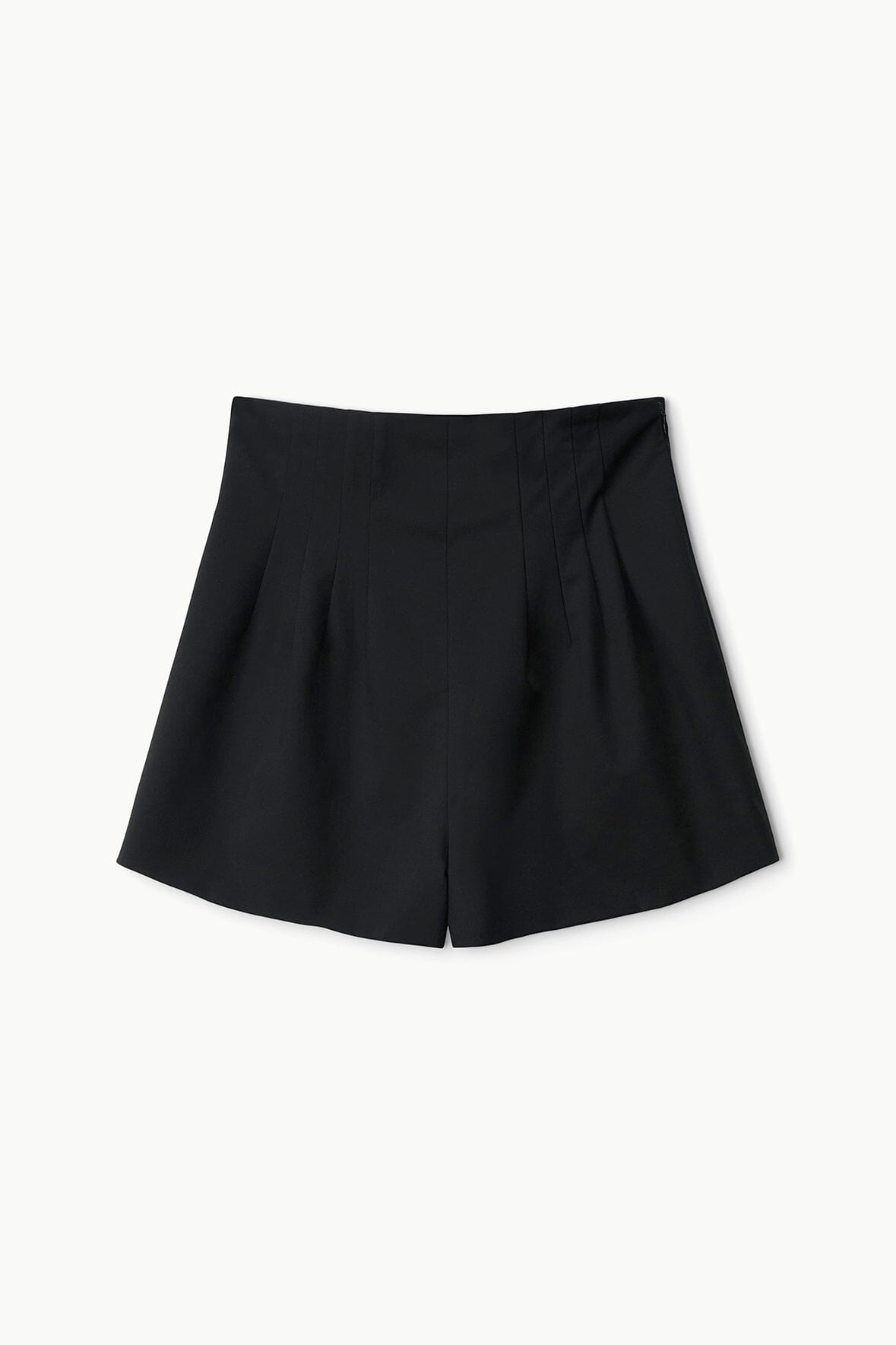 Black tailored shorts with structured pleats and wide leg opening