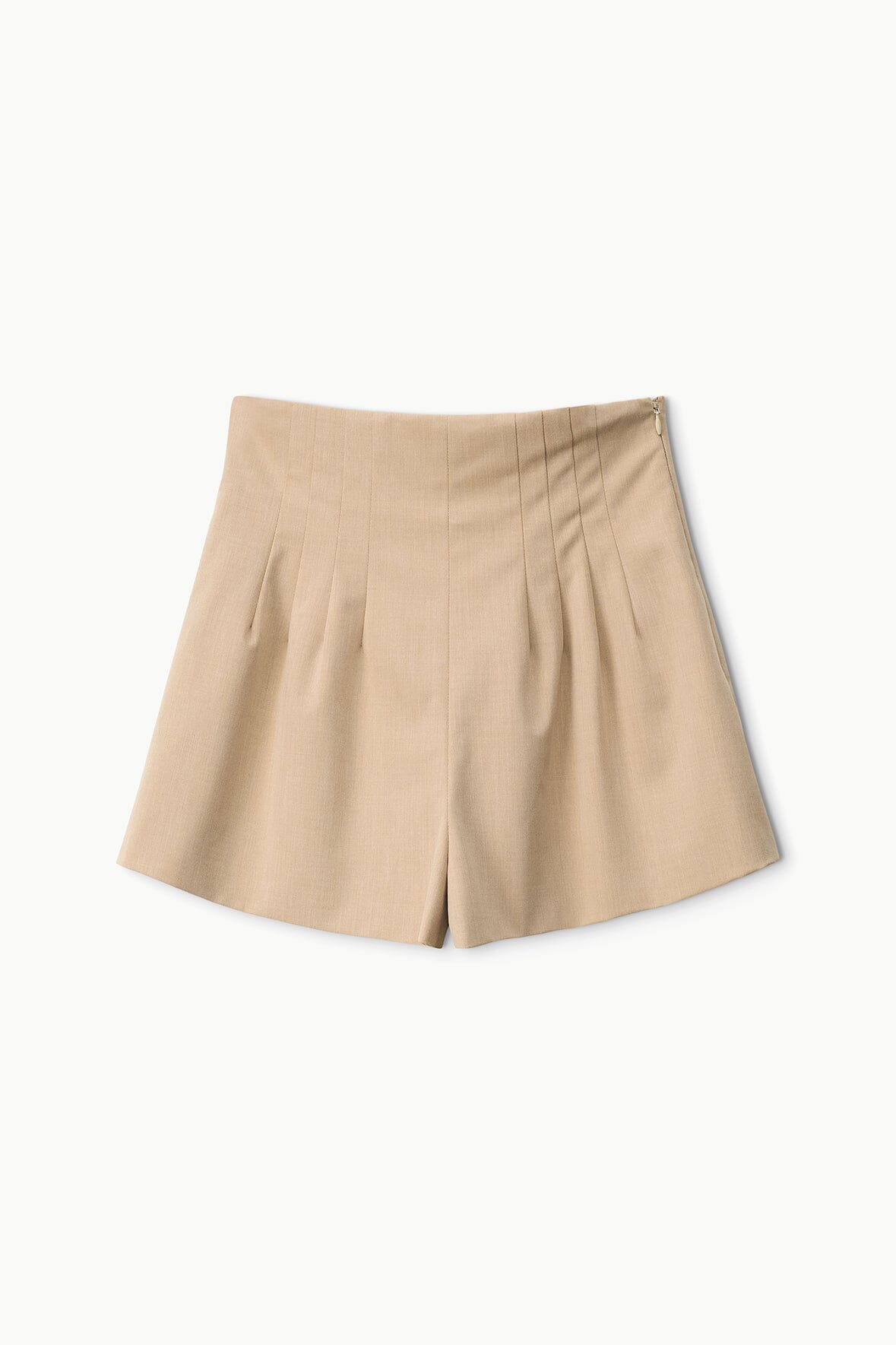 Stone-tan women’s shorts laid flat with pleated front