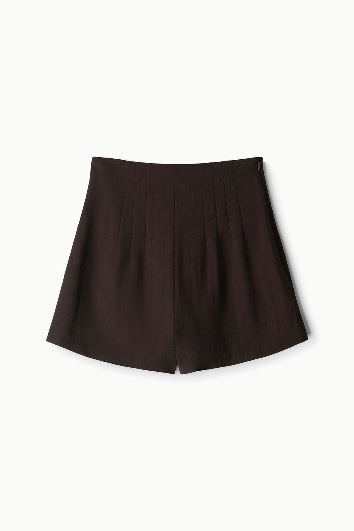 Dark brown pleated shorts, flared silhouette with concealed waistband