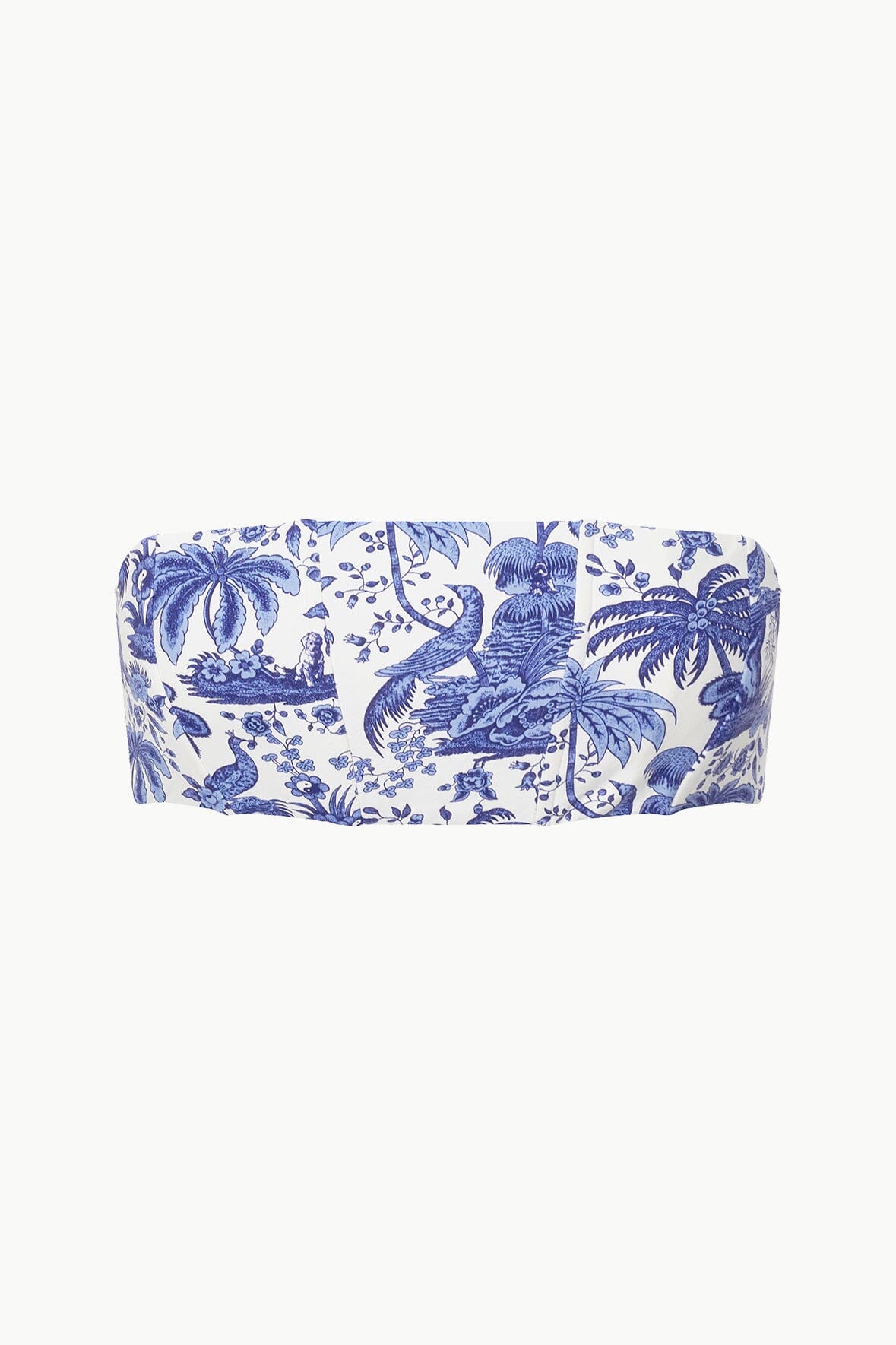 Blue toile bandeau bikini top fabric swatch with elastic trim edges