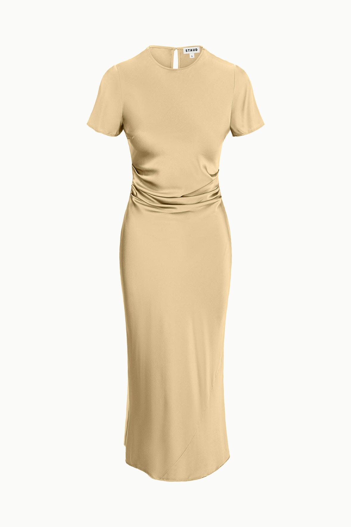 Silk midi dress in antique gold with short sleeves and crew neck