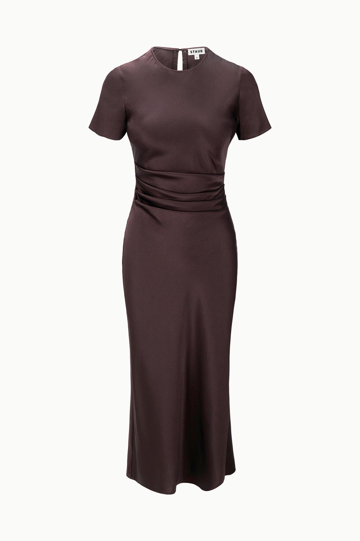Marcel silk dress product shot, crew neck, short sleeves, ruched waist, dark brown midi