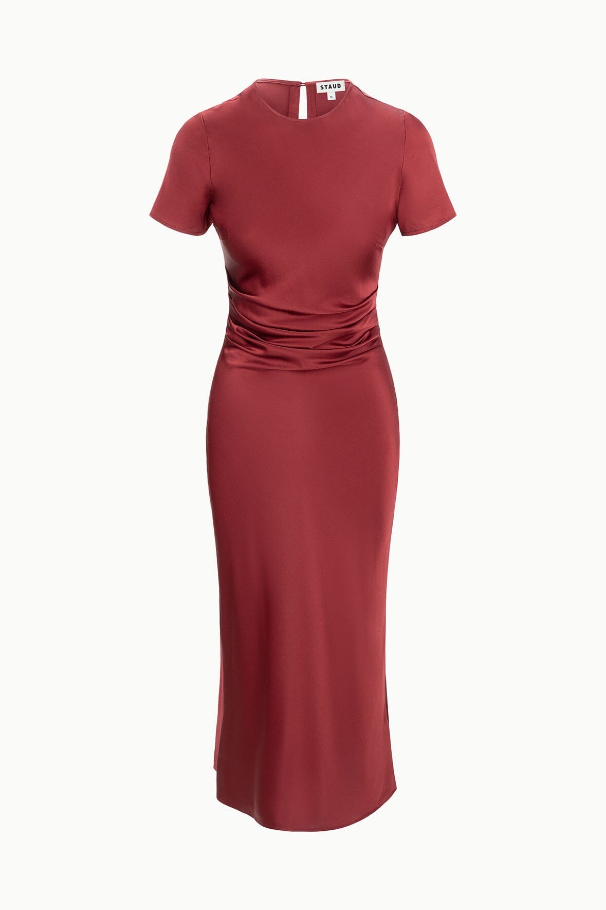 Sangria silk midi dress with crew neck, short sleeves, ruched waist detail