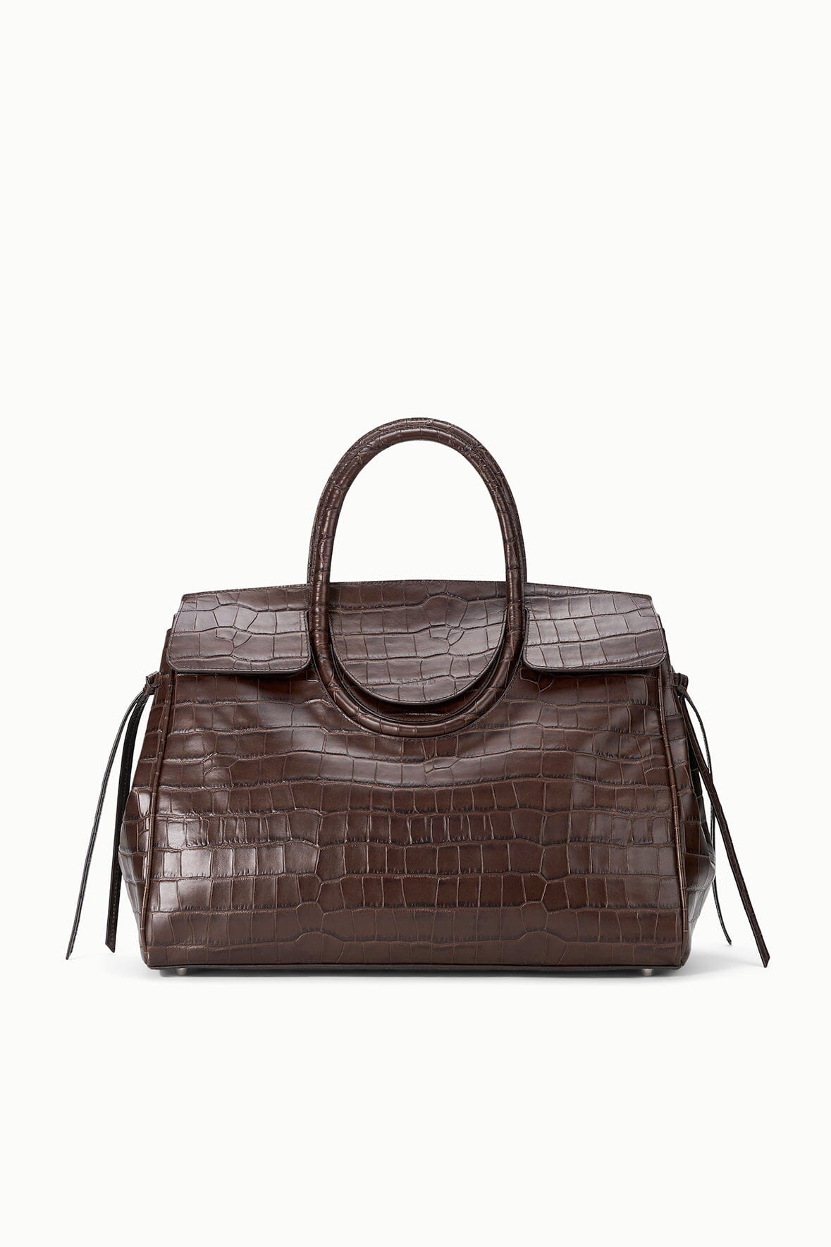 Espresso croc-embossed leather carryall handbag with top oval handles