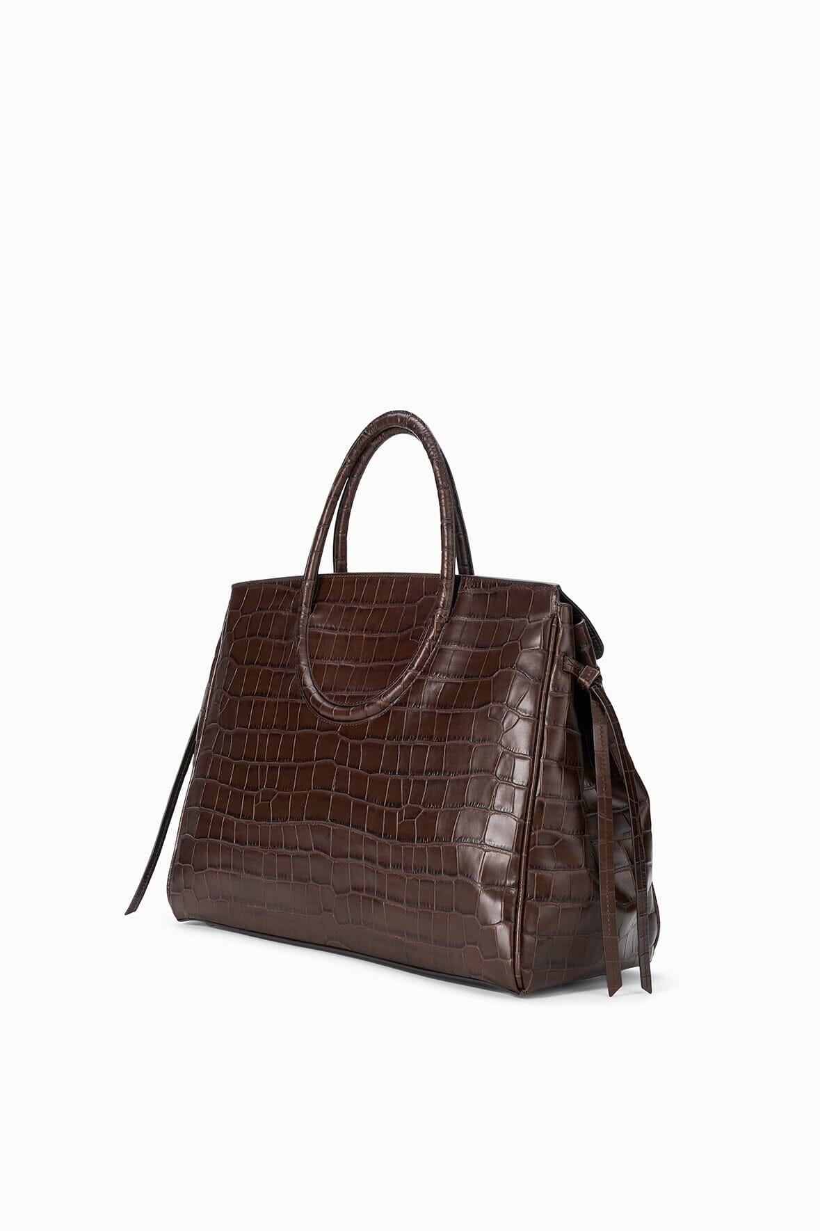 Espresso croc-embossed leather carryall with side flap and long tassel straps