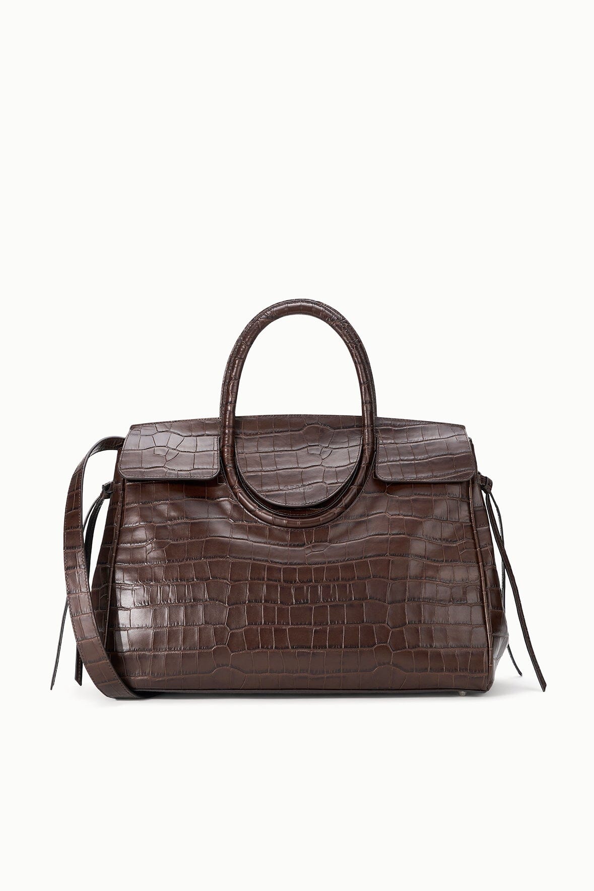 Espresso croc-embossed leather carryall handbag with top handles and shoulder strap