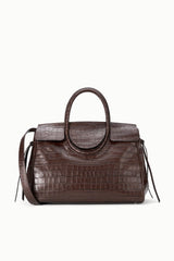Espresso croc-embossed leather carryall handbag with top handles and shoulder strap