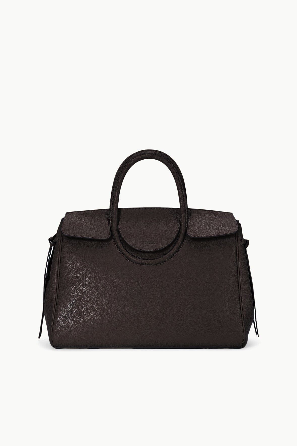 Espresso brown structured leather carryall bag with top handles and front flap.