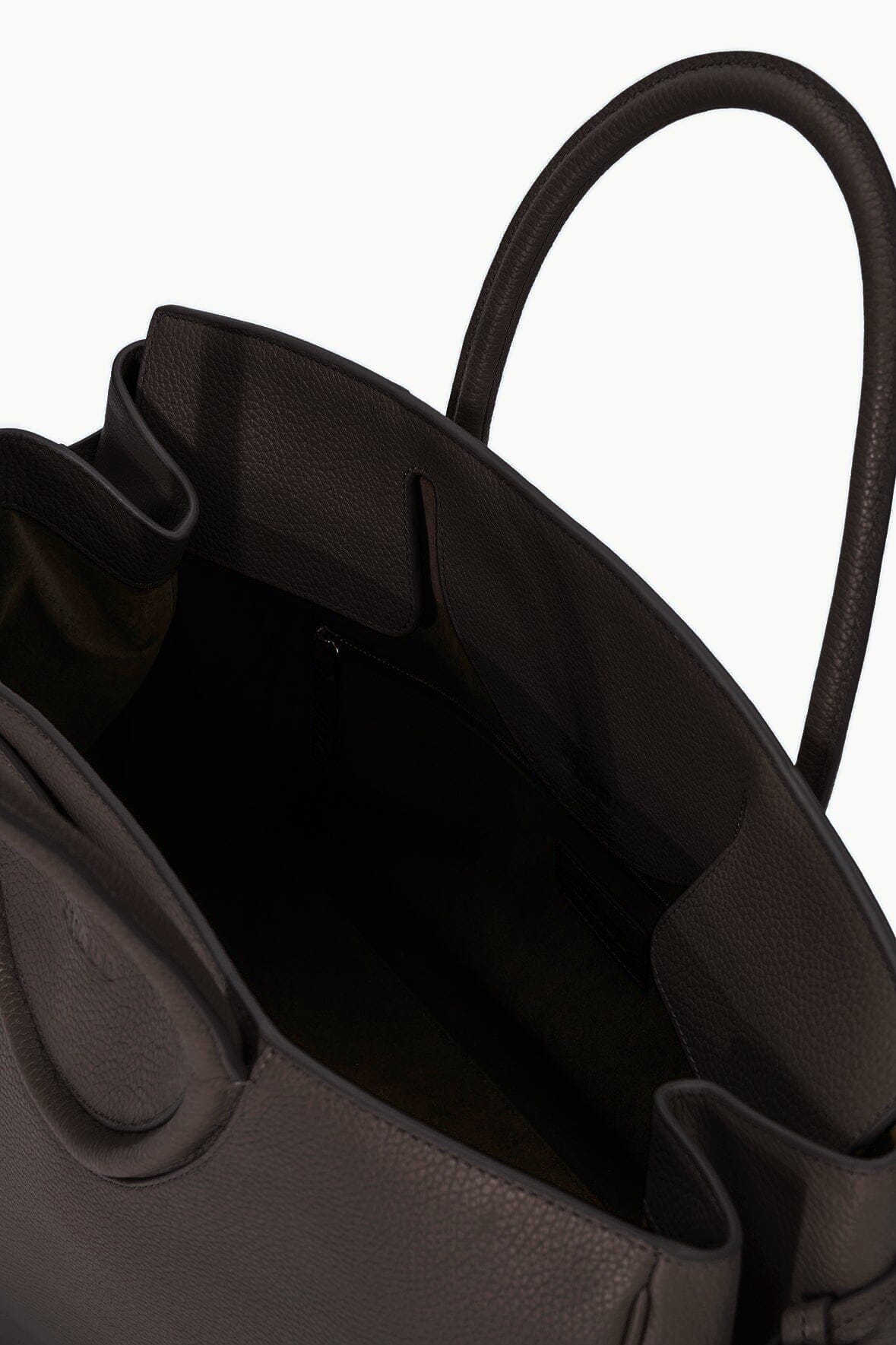 Espresso brown leather carryall with open top showing interior and front pocket.