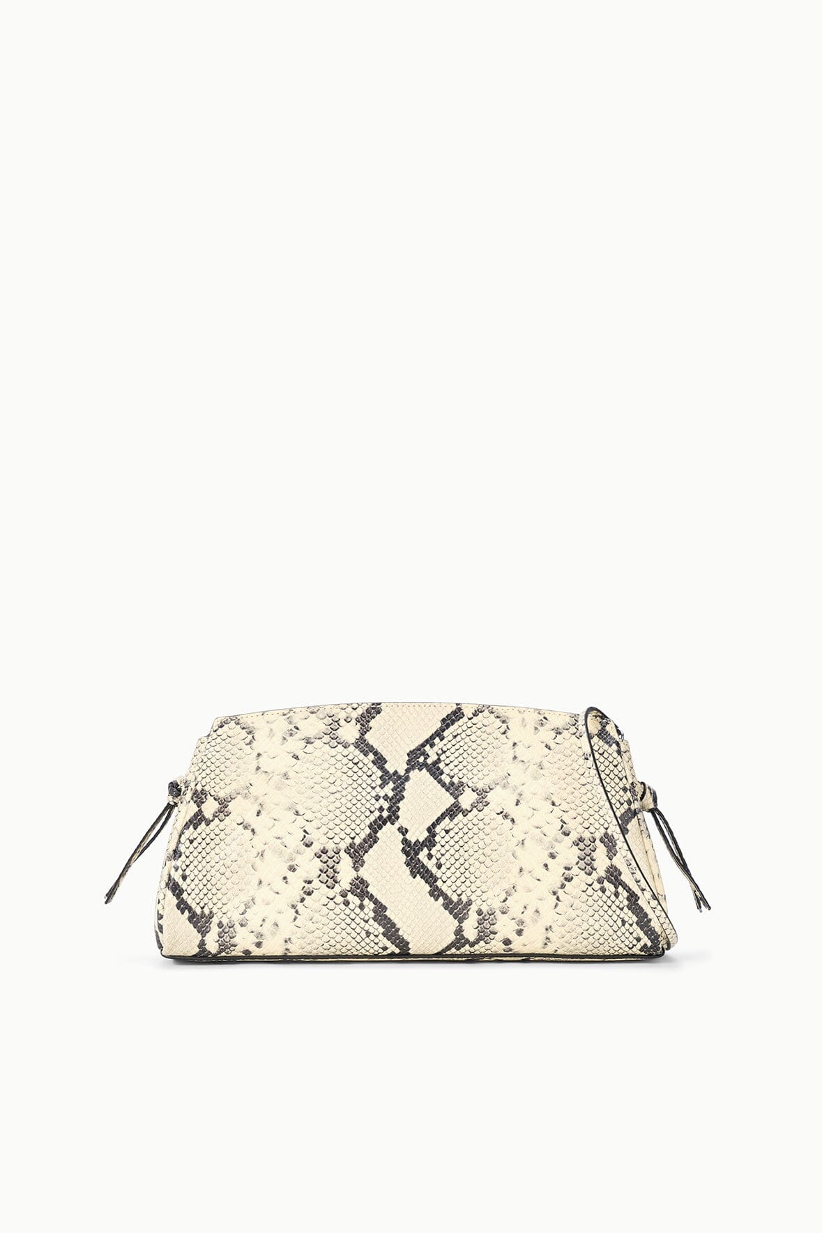 Convertible clutch bag, white snake-print, top zipper, tassel drawcord sides