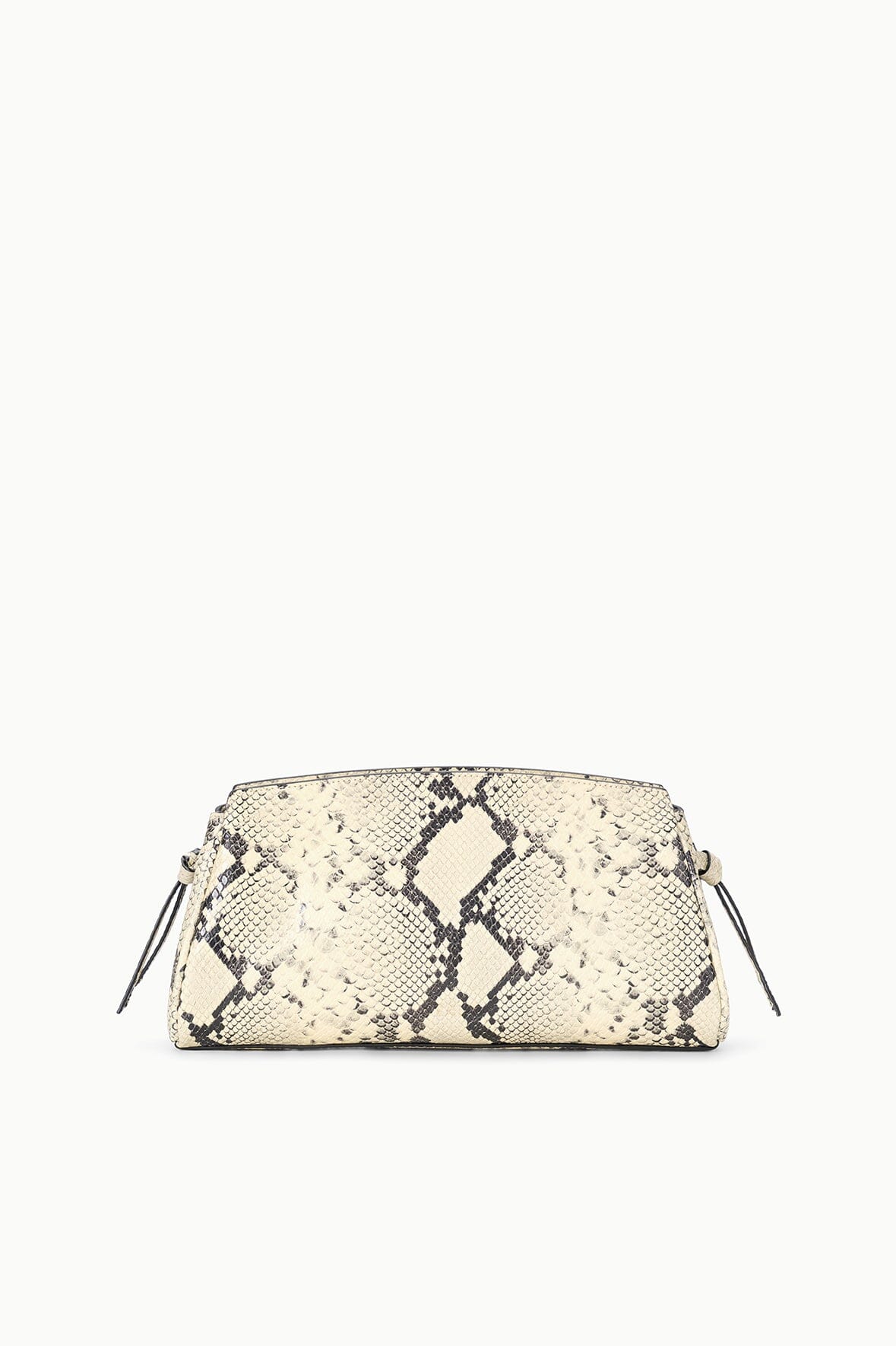 Convertible clutch bag, white snake-print, top zipper, short strap and tassels