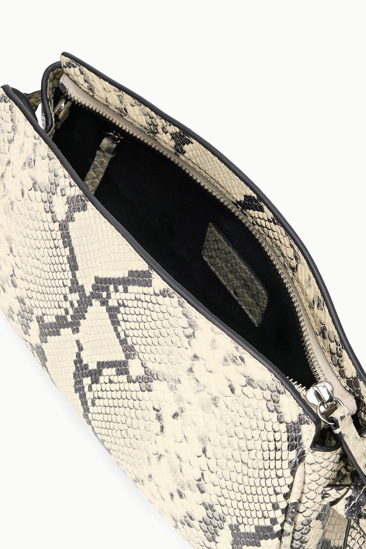 Convertible clutch bag, white snake-print, zip-top, lined interior