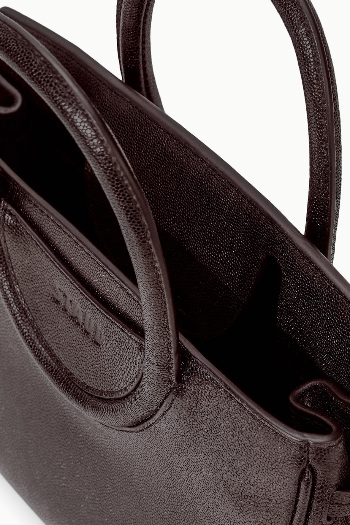 Espresso-brown textured leather mini carryall bag, curved handles and side pocket