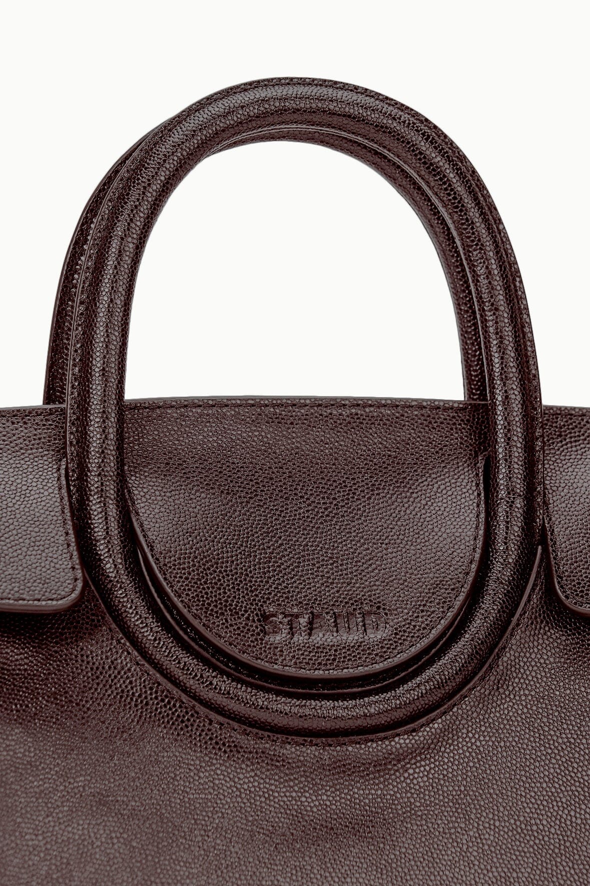 Mini carryall bag with top handle, espresso-brown texture and embossed logo