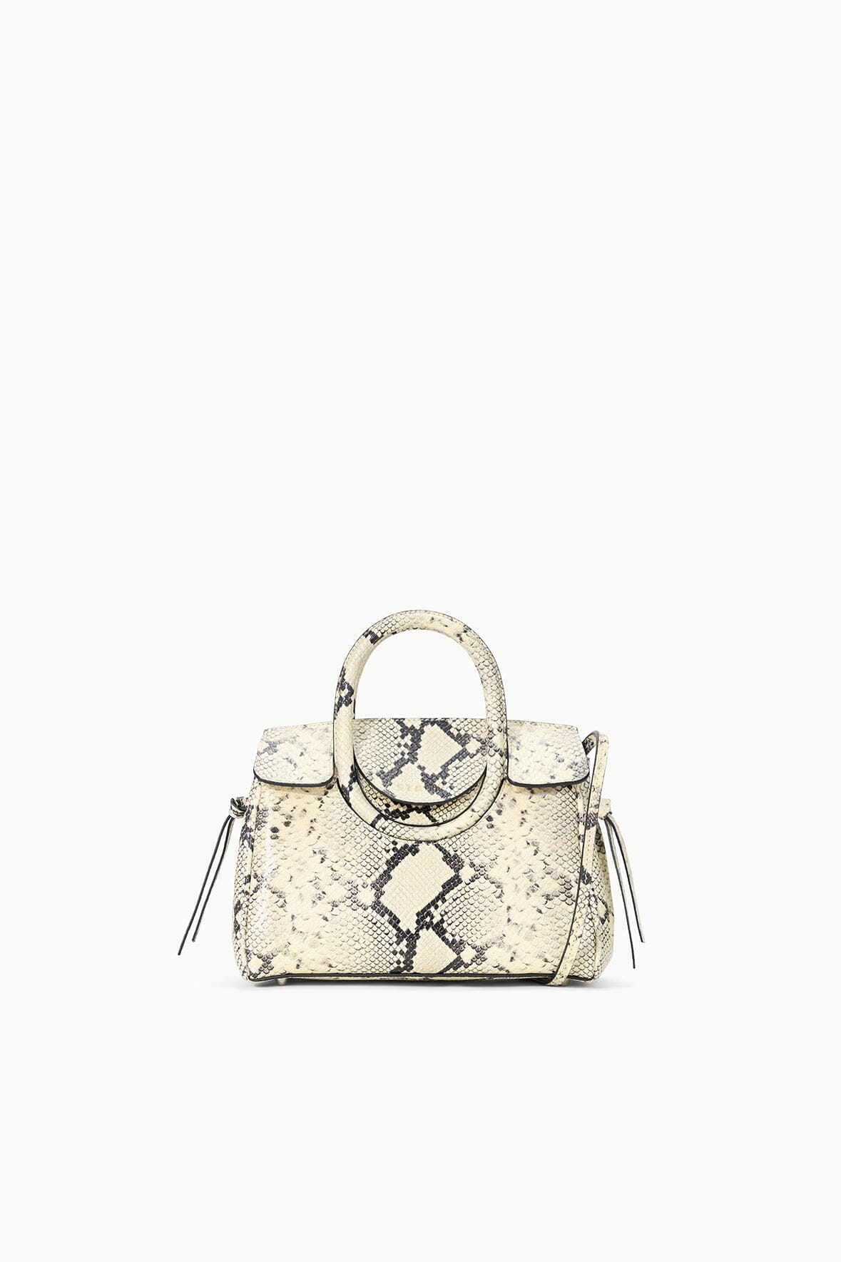 Maude mini carryall handbag with white snake-print finish, top handle and front hardware