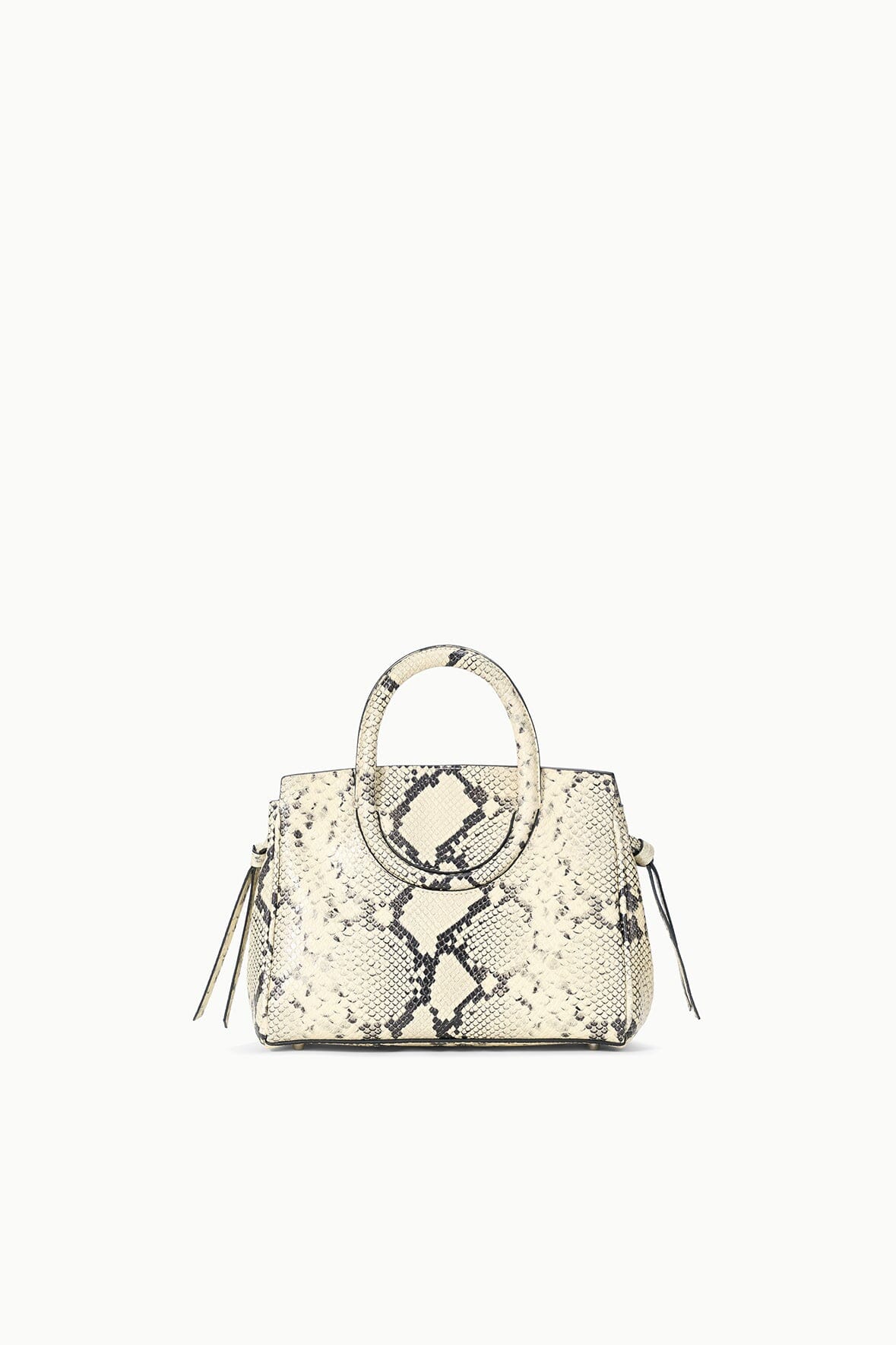 Maude mini carryall handbag in white snake-print, structured shape with top handle