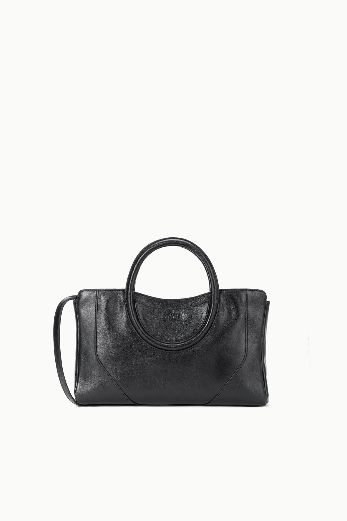 Black mini satchel bag with curved top handles and structured rectangular shape